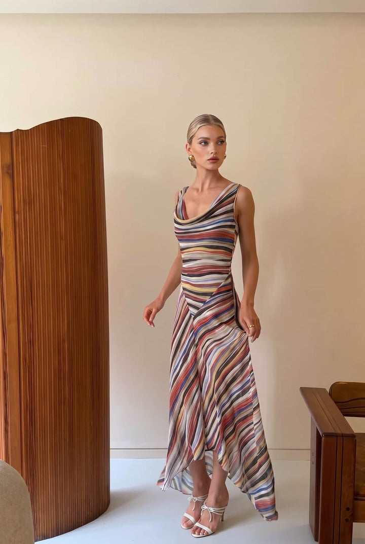 Swing Collar Striped Maxi Dress
