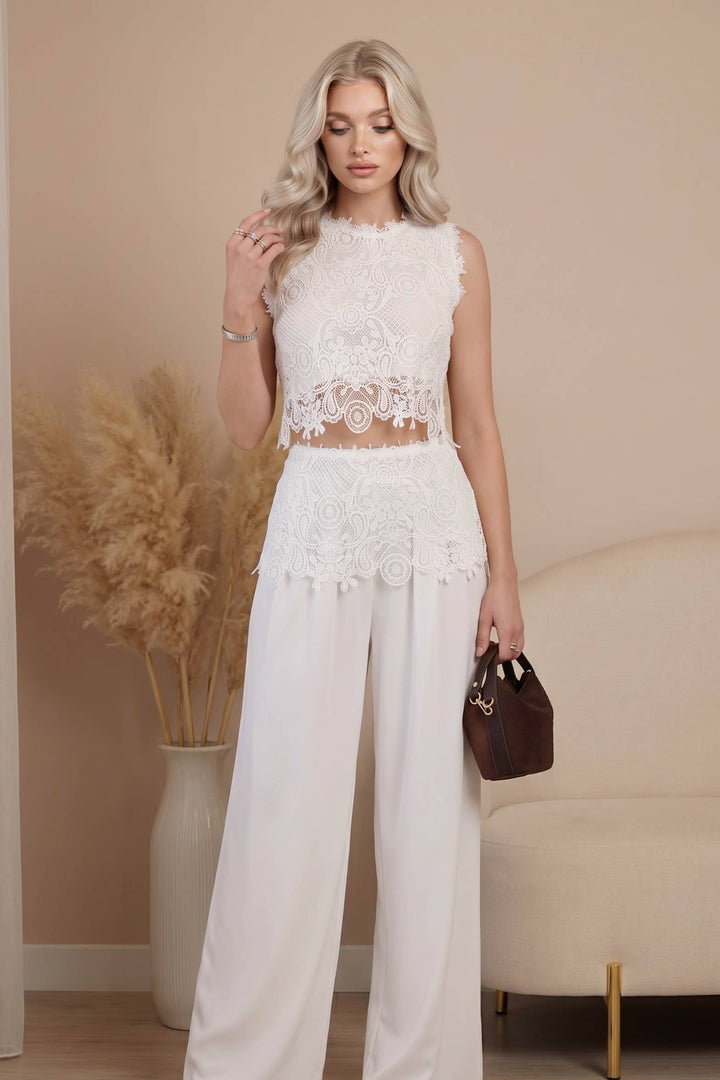 Lace Panelled Top And Wide Leg Pants Set