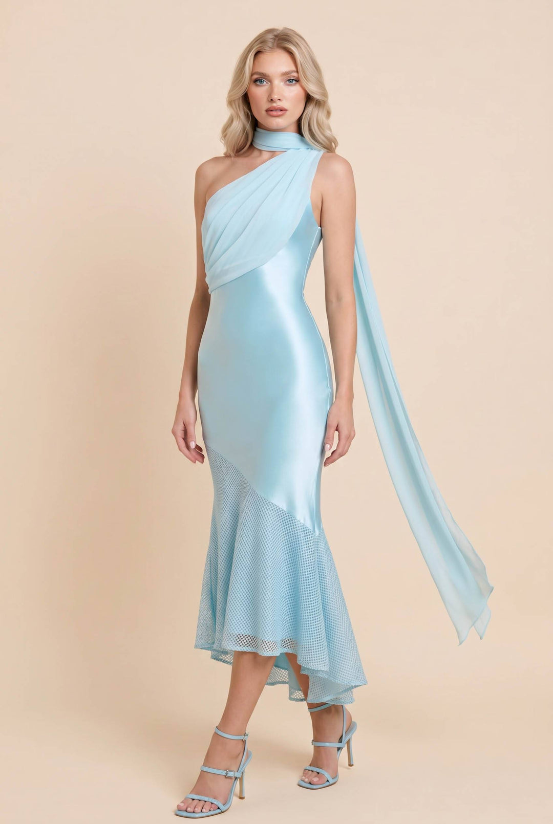 Oblique Collar Ribbon Midi Dress