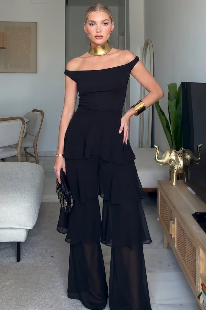 Off-shoulder Top And Ruffled Pants Suit