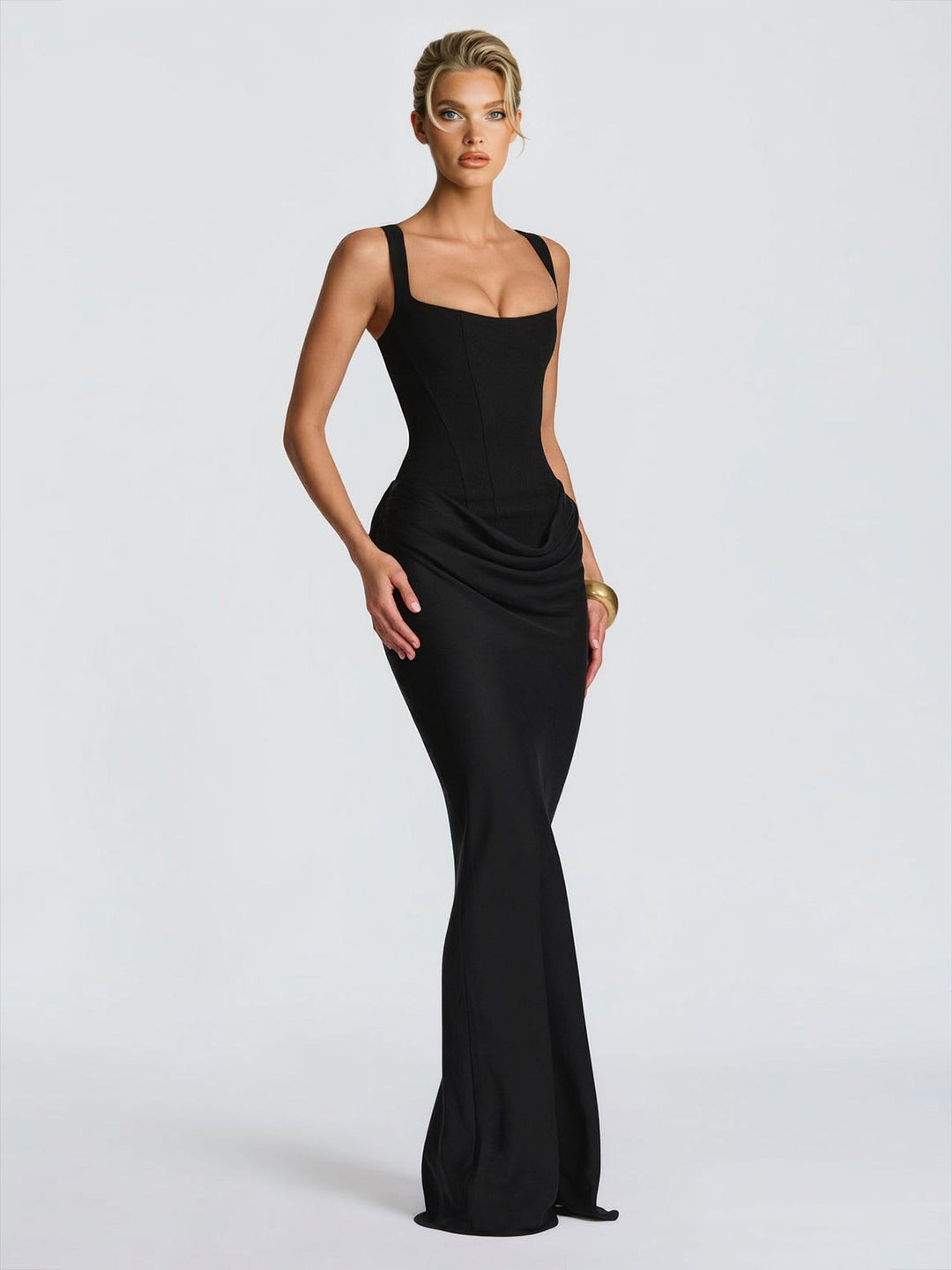 Elegant Square Neck Cinched Top & Ruched Waist Draped Maxi Dress