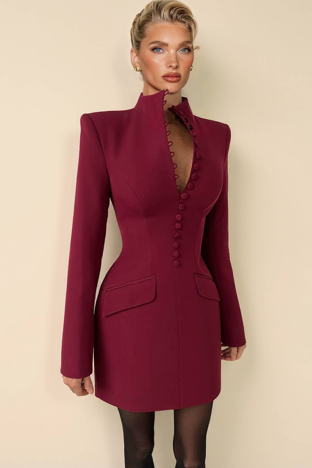 Stand Collar Long Sleeve Mini Dress