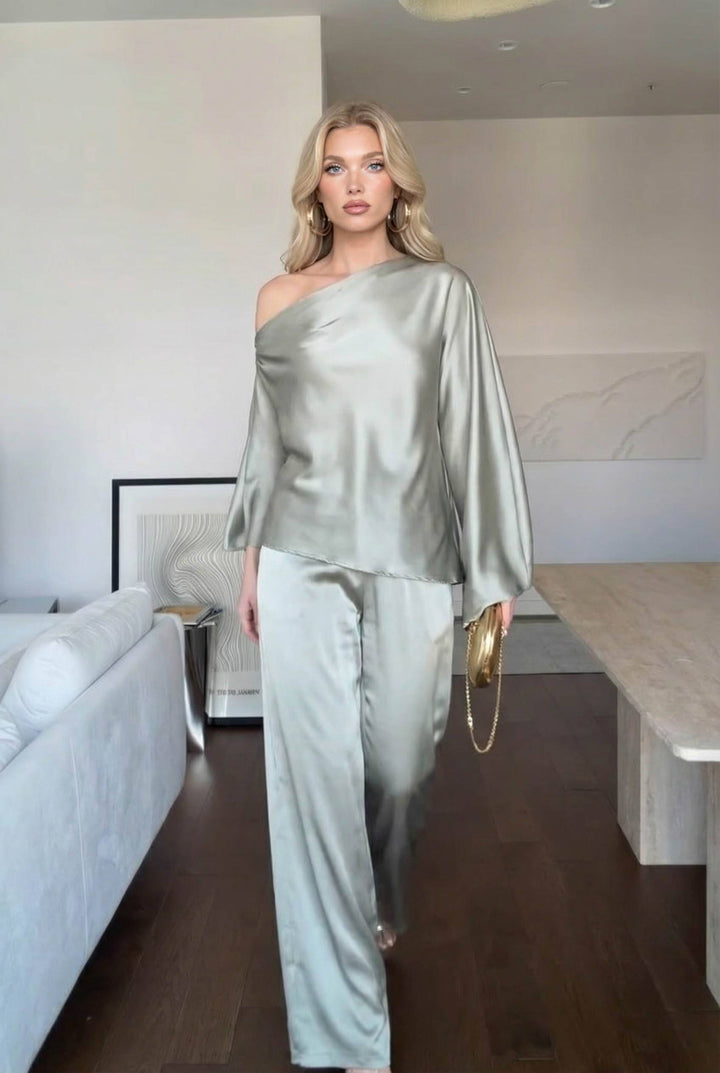 Off-Shoulder Asymmetric Shirt And Wide Leg Pants Set
