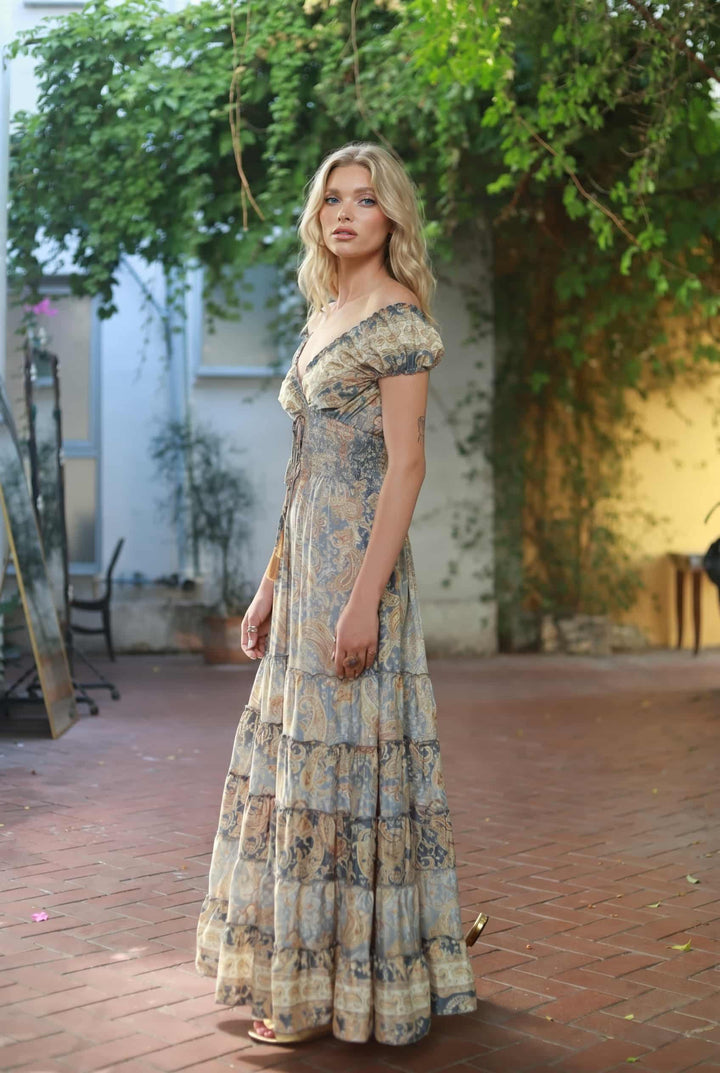 Deep V-Neck Printed High-Waist Maxi Dress