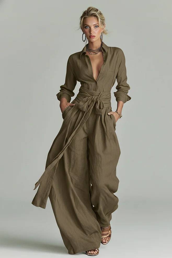Minimalist Shirt And Lace-Up Wide-Leg Pants Set