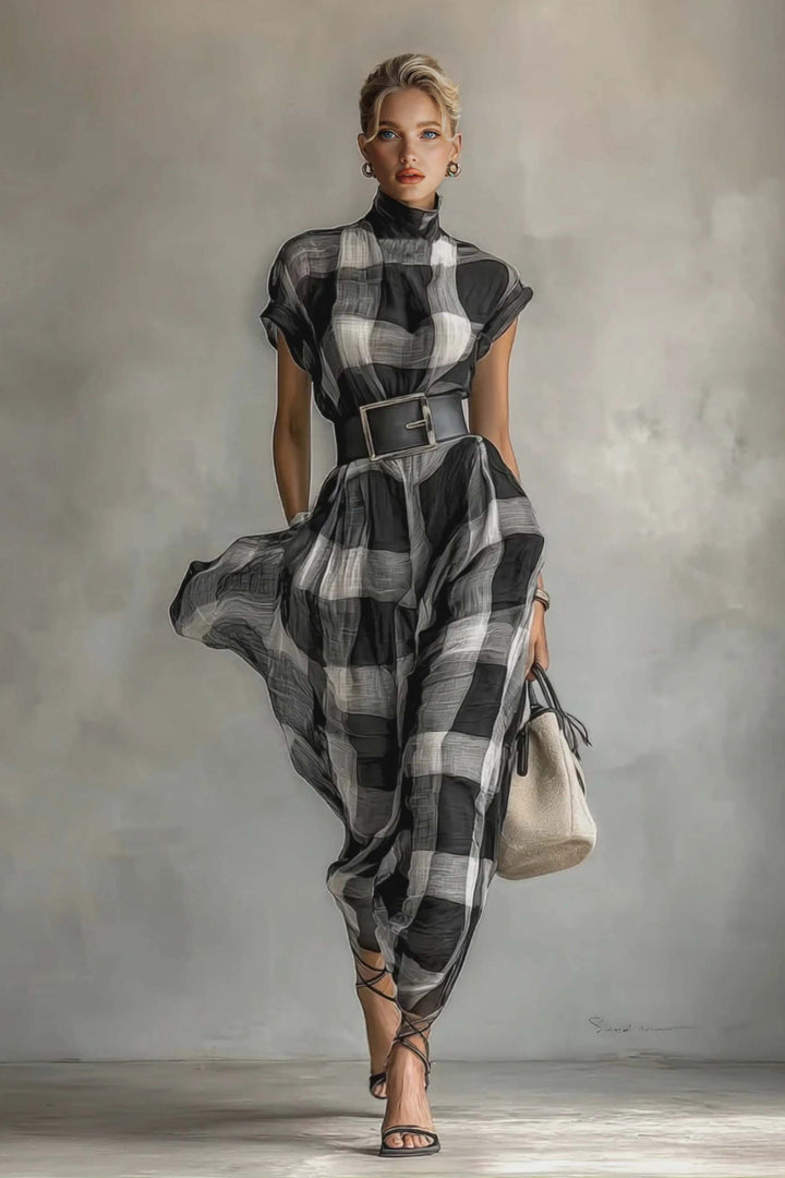 Checked Pattern Stand-Collar Short-Sleeved Dress