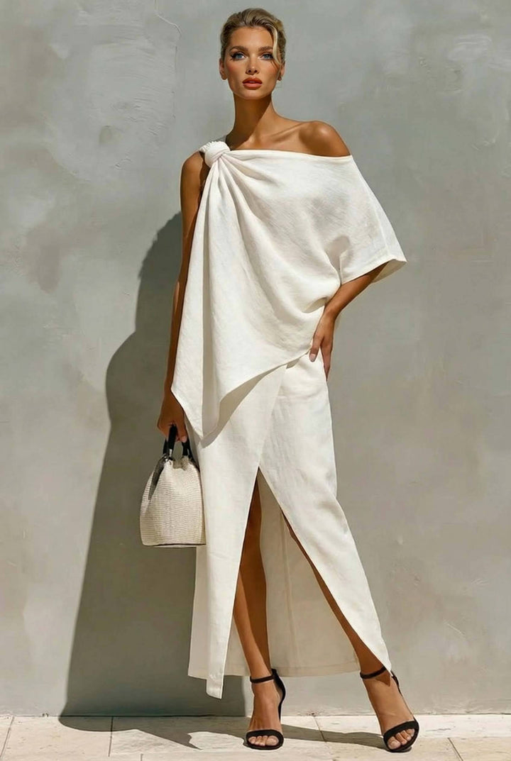 Off-Shoulder Top And Slit Skirt Suit