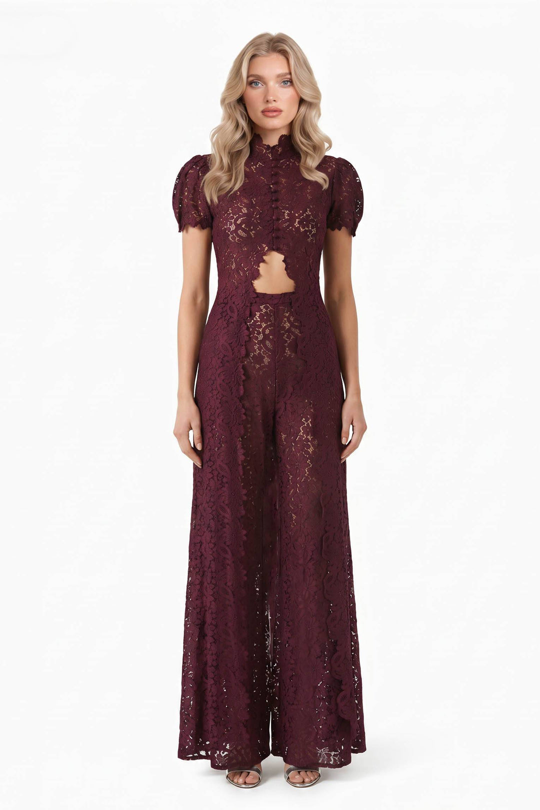 Lace Long-sleeved Top And Wide-leg Pants Set