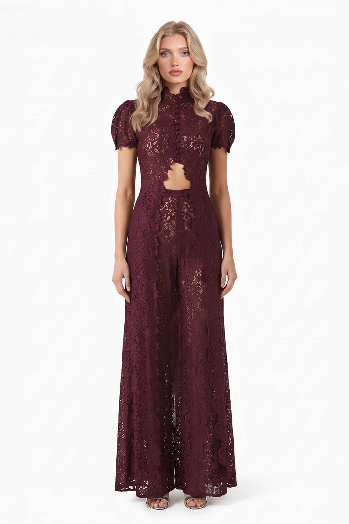 Lace Long-sleeved Top And Wide-leg Pants Set