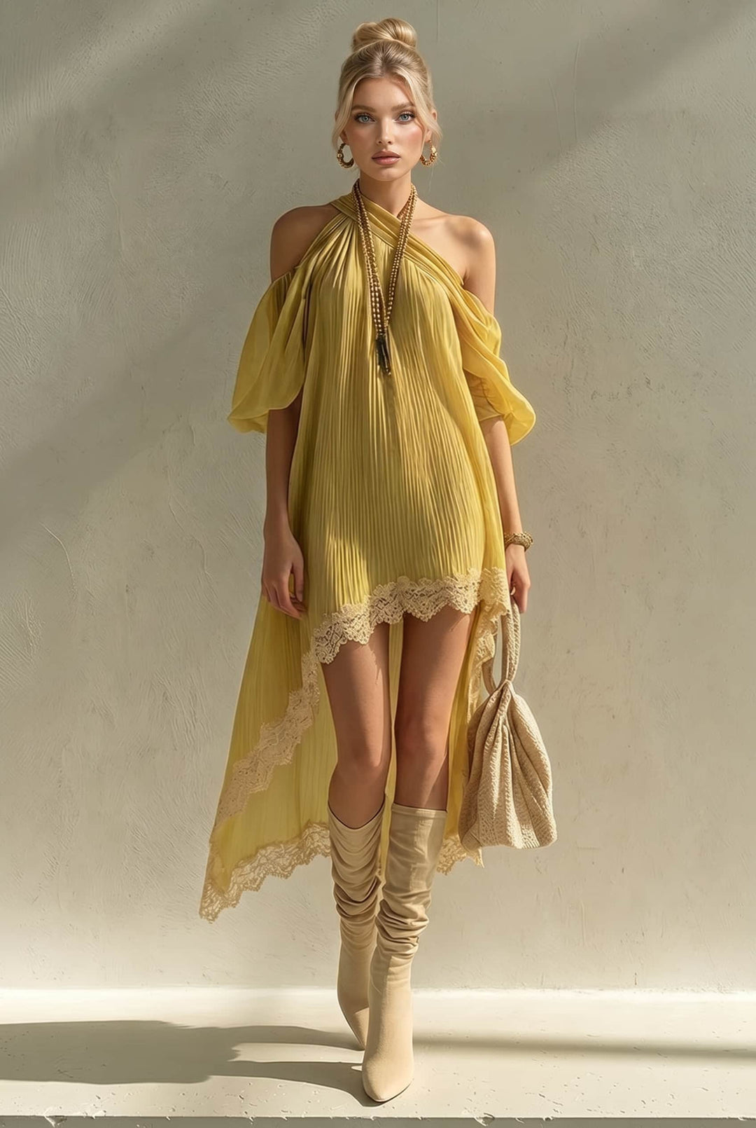 Slant-Shoulder Asymmetrical Hem Midi Dress