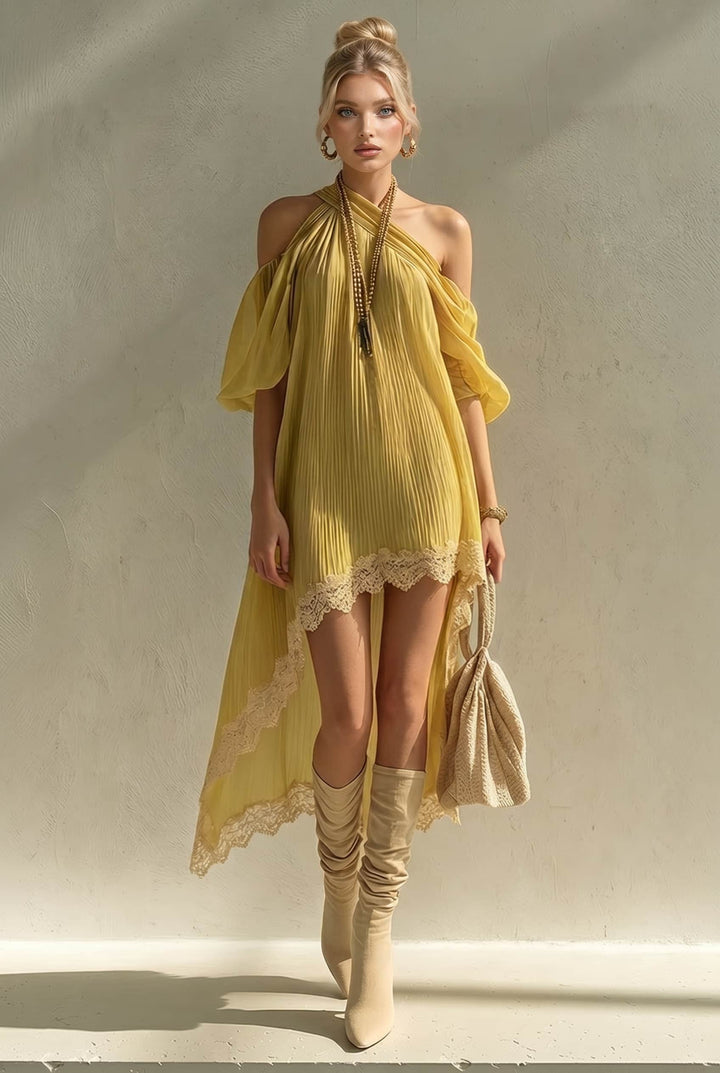 Slant-Shoulder Asymmetrical Hem Midi Dress