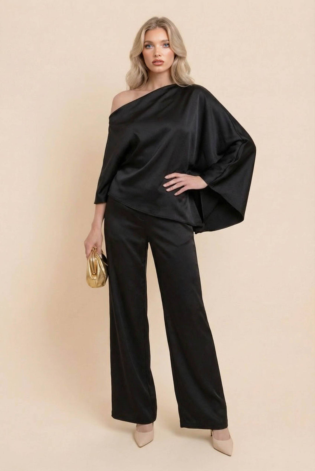 Off-Shoulder Asymmetric Shirt And Wide Leg Pants Set