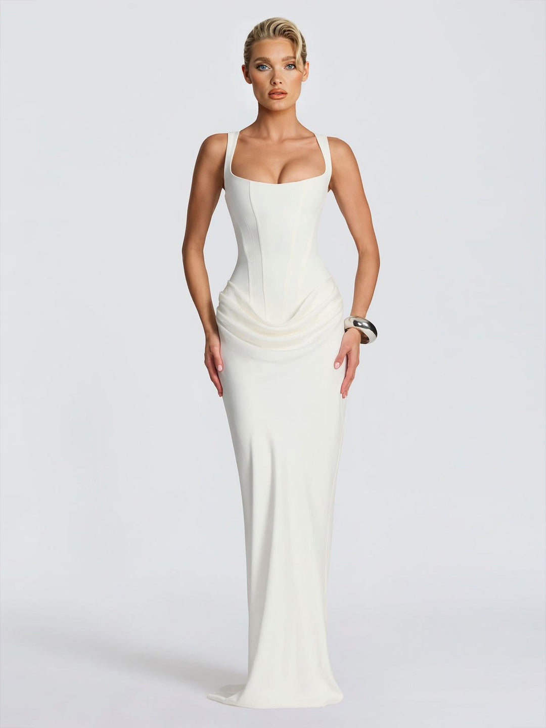 Elegant Square Neck Cinched Top & Ruched Waist Draped Maxi Dress