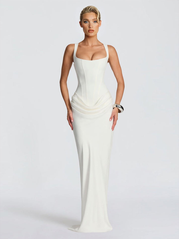 Elegant Square Neck Cinched Top & Ruched Waist Draped Maxi Dress