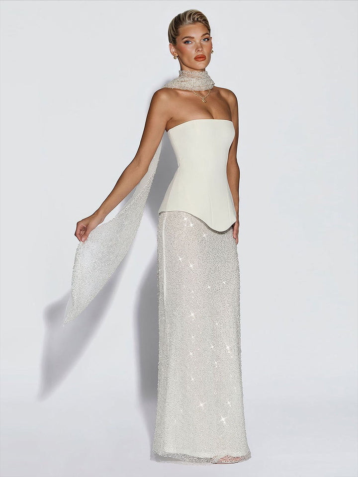 Elegant Strapless Sequin Skirt And Shawl Two-Piece Set