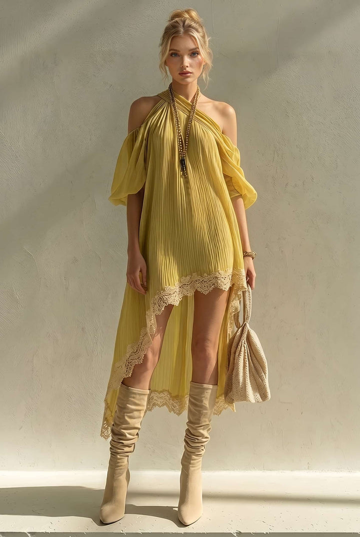 Slant-Shoulder Asymmetrical Hem Midi Dress