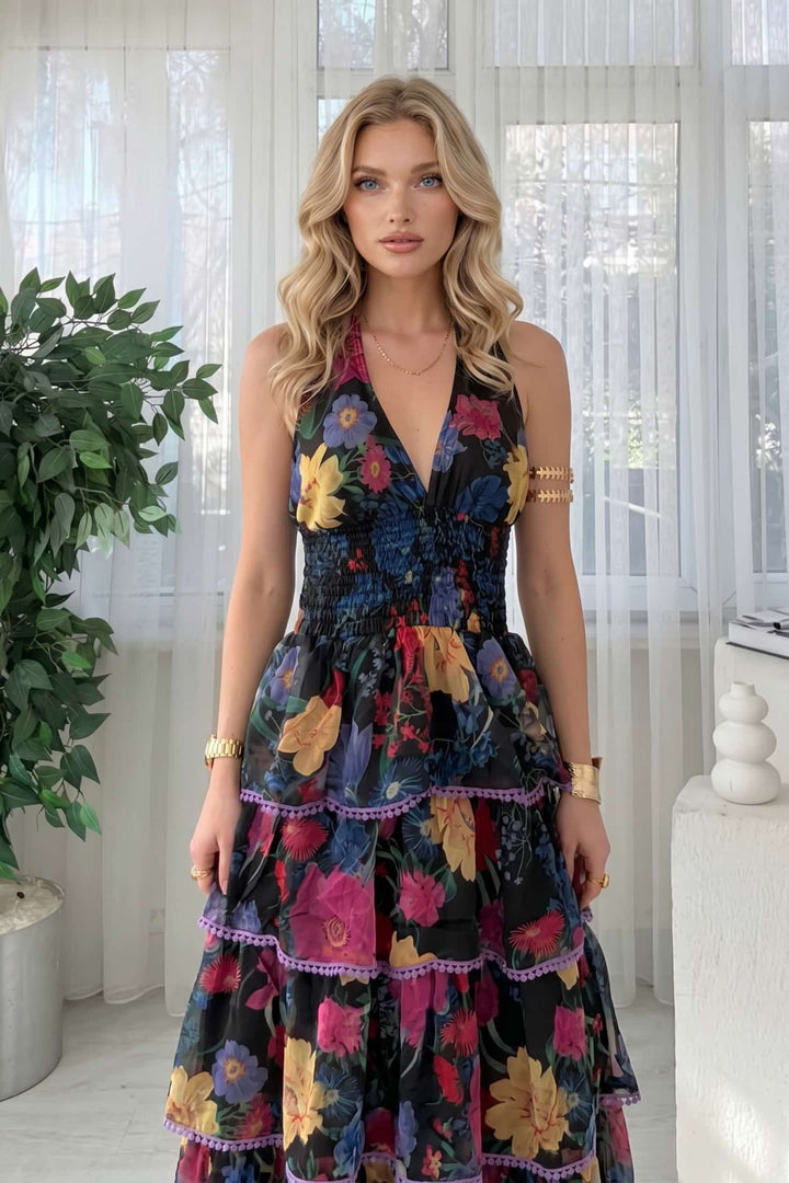 V-Neck Printed Ruffled Dress