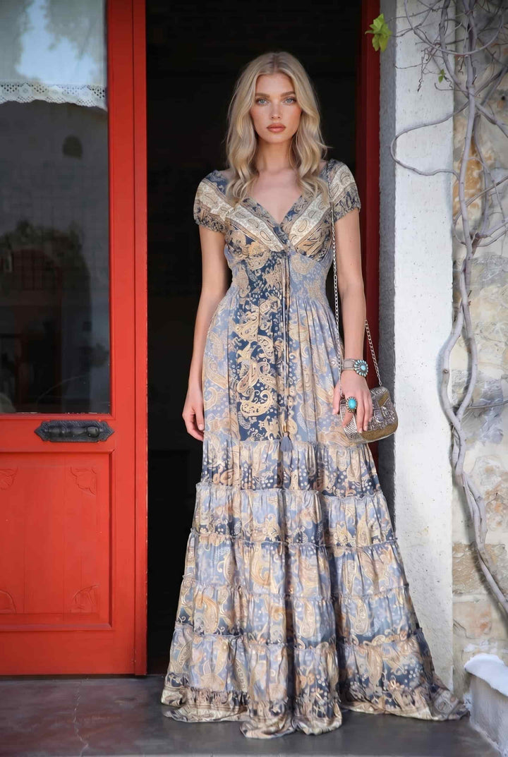 Deep V-Neck Printed High-Waist Maxi Dress