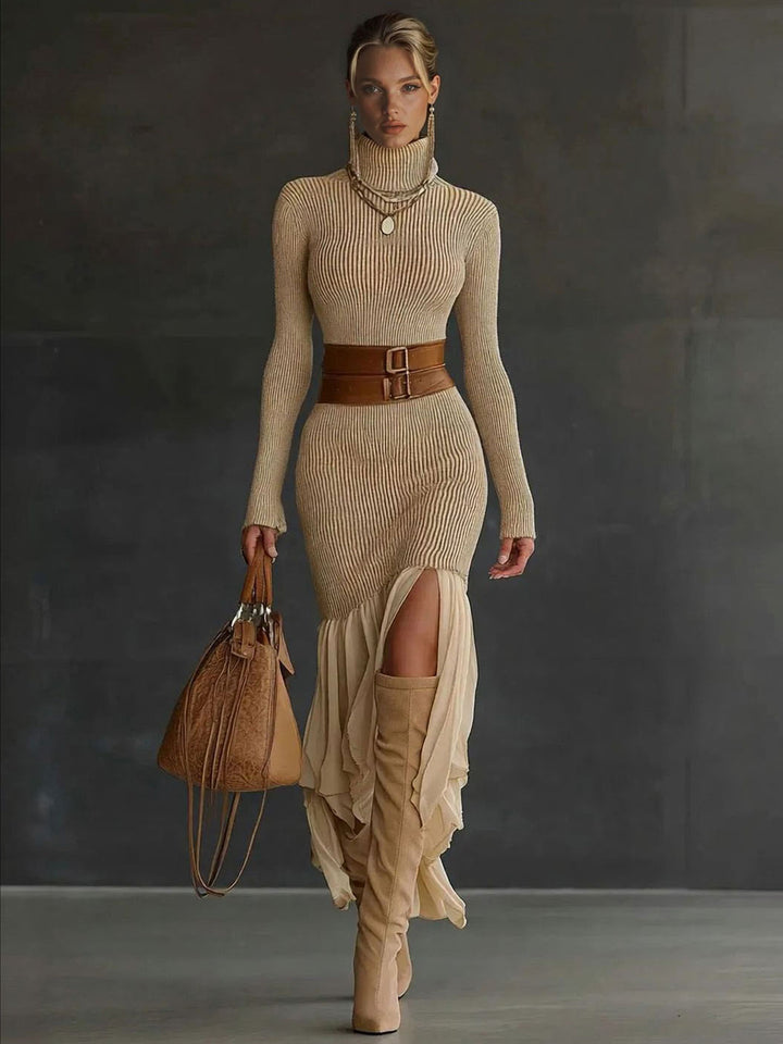 Elegant Asymmetrical Ruffled Knit Midi Dress