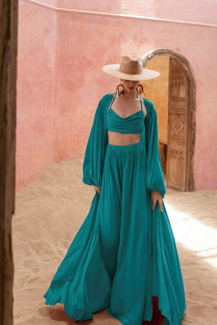 Sling Top And Wide-leg Pants and Jacket Three-piece Set