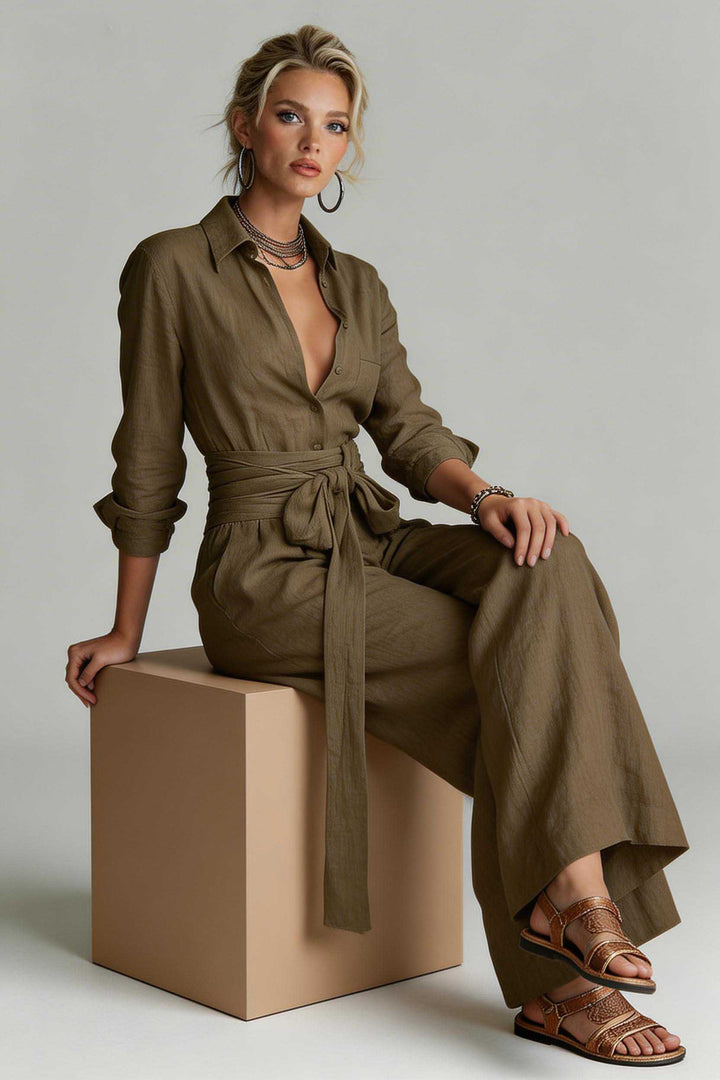 Minimalist Shirt And Lace-Up Wide-Leg Pants Set