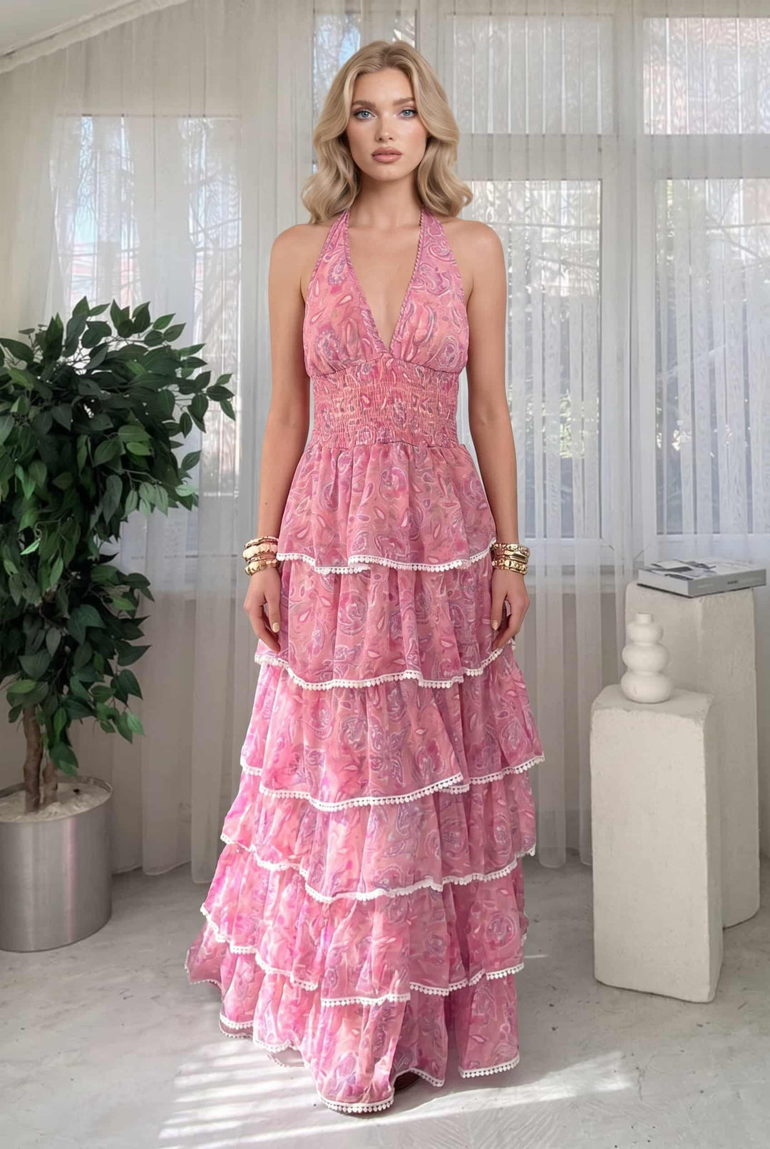 V-Neck Printed Ruffled Dress