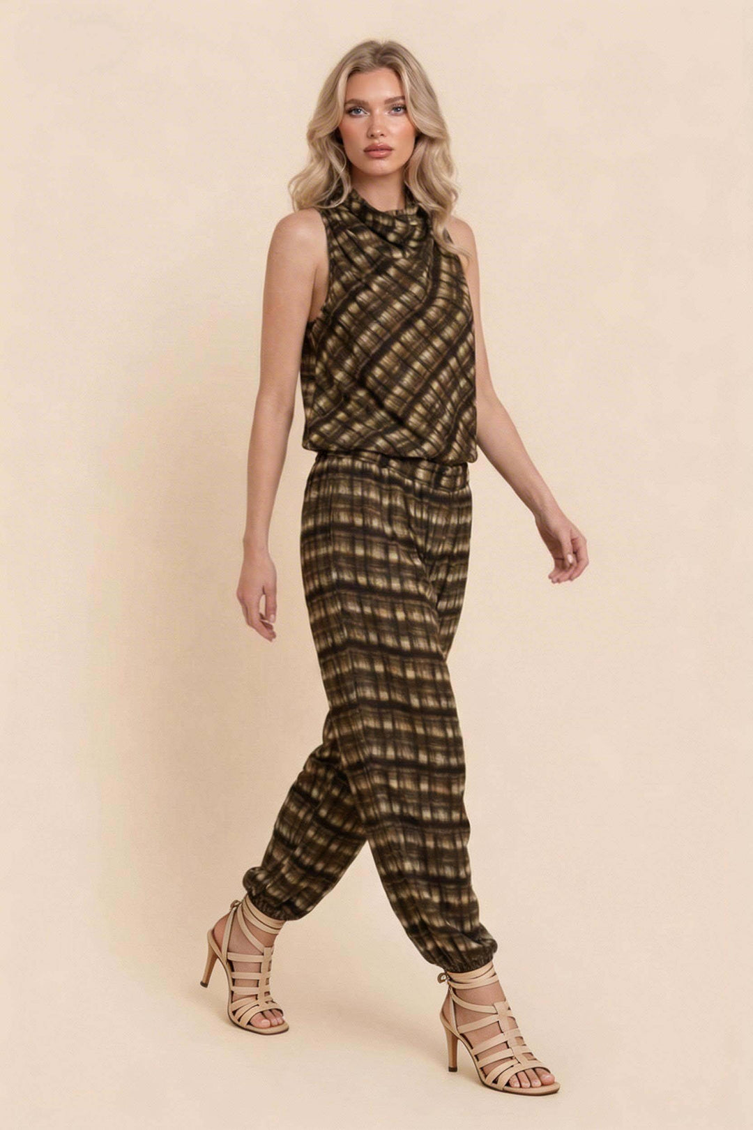 Plaid Cowl-Neck Top And Pants Set
