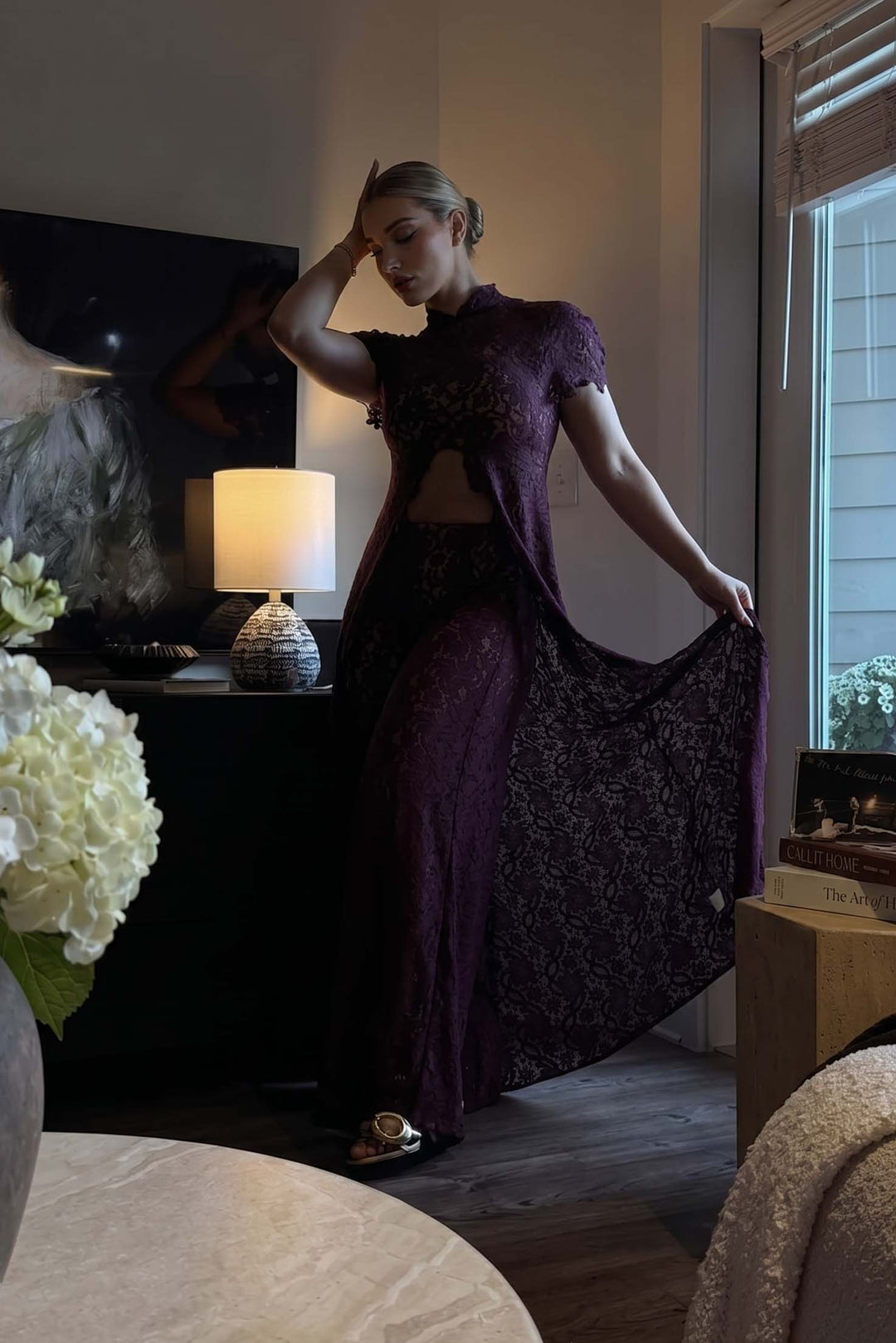 Lace Long-sleeved Top And Wide-leg Pants Set