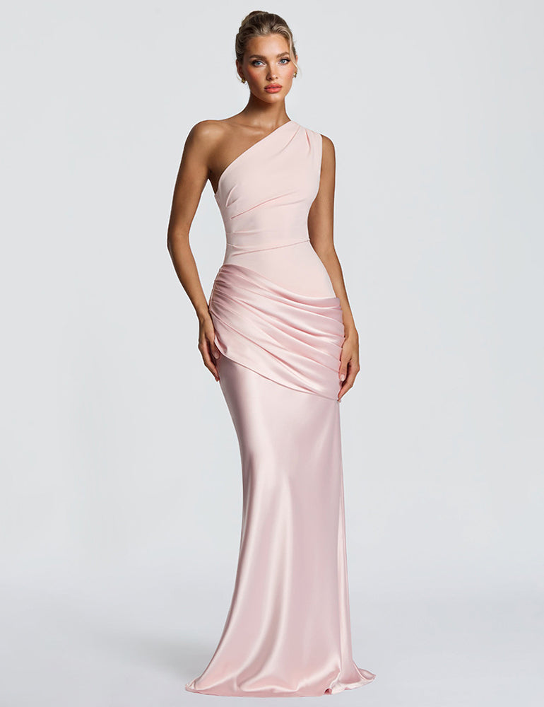 Elegant One-Shoulder Ruched Satin Maxi Dress