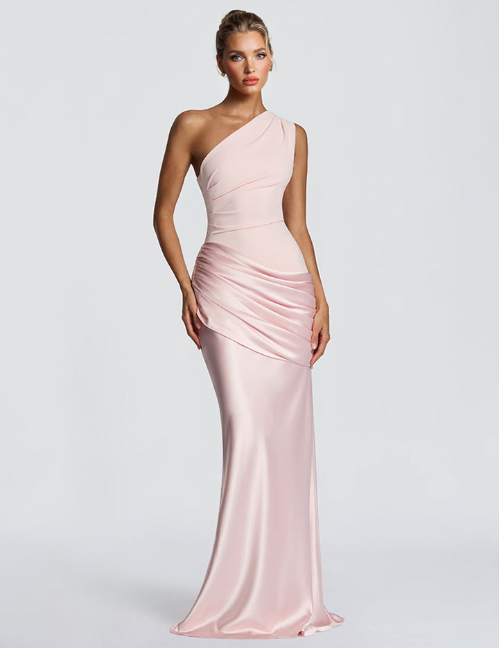 Elegant One-Shoulder Ruched Satin Maxi Dress