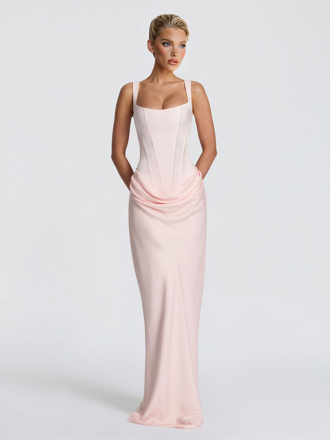Elegant Square Neck Cinched Top & Ruched Waist Draped Maxi Dress