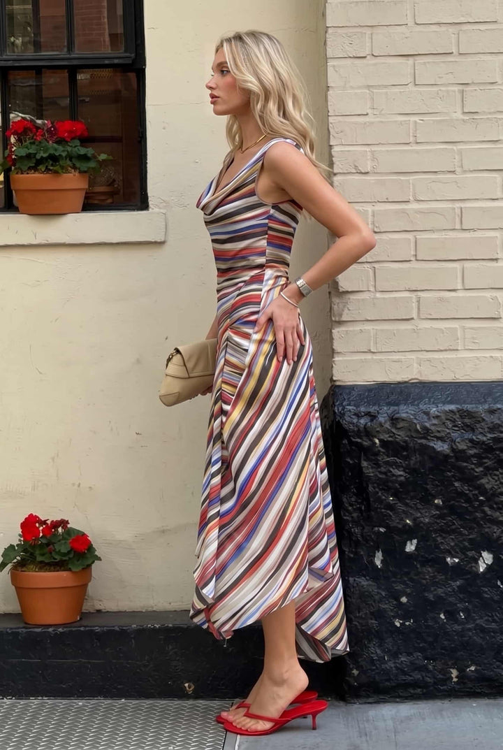 Swing Collar Striped Maxi Dress