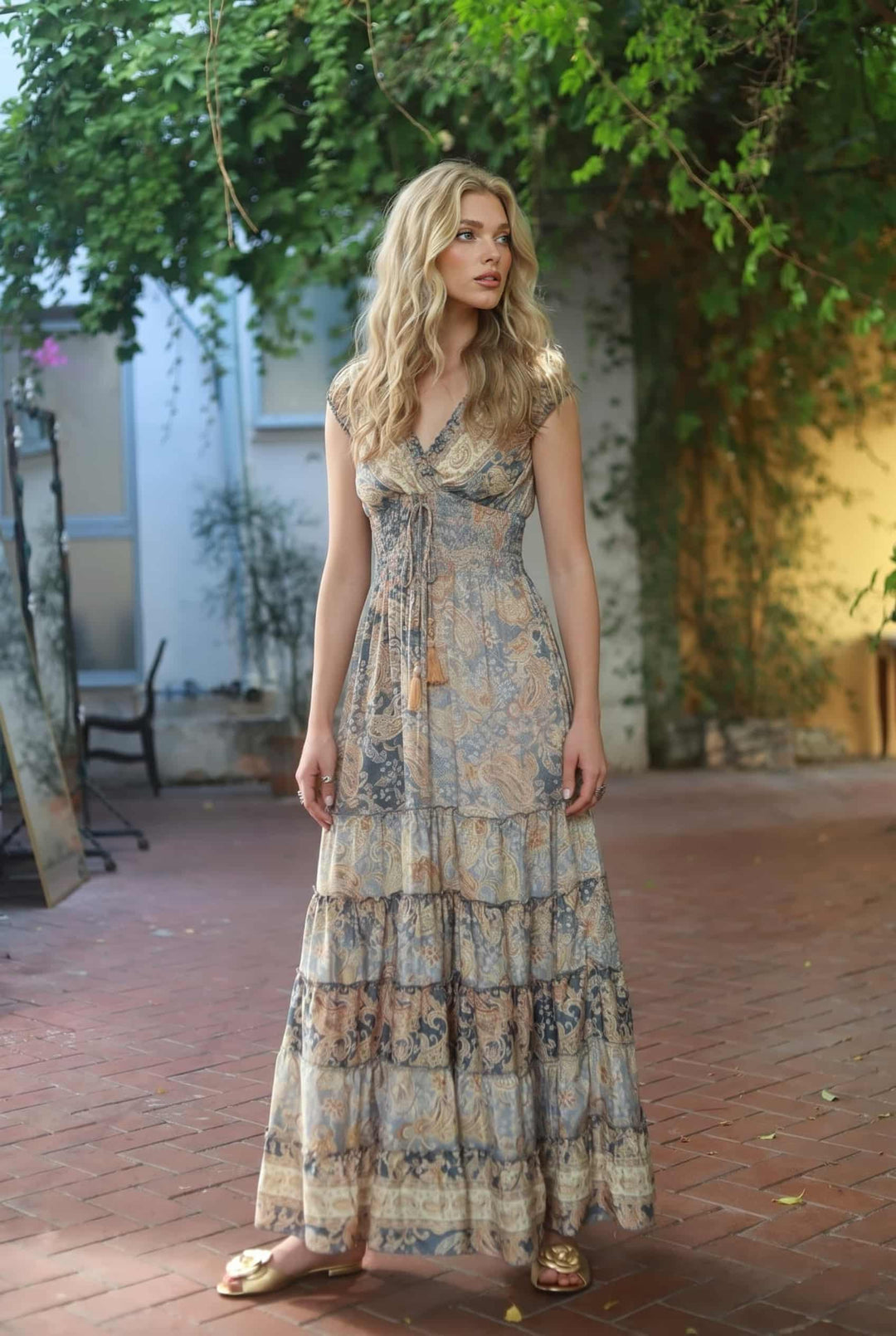 Deep V-Neck Printed High-Waist Maxi Dress