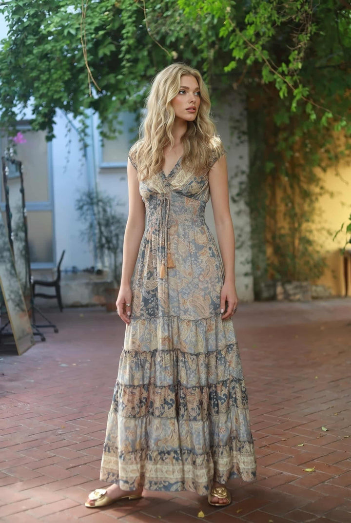 Deep V-Neck Printed High-Waist Maxi Dress