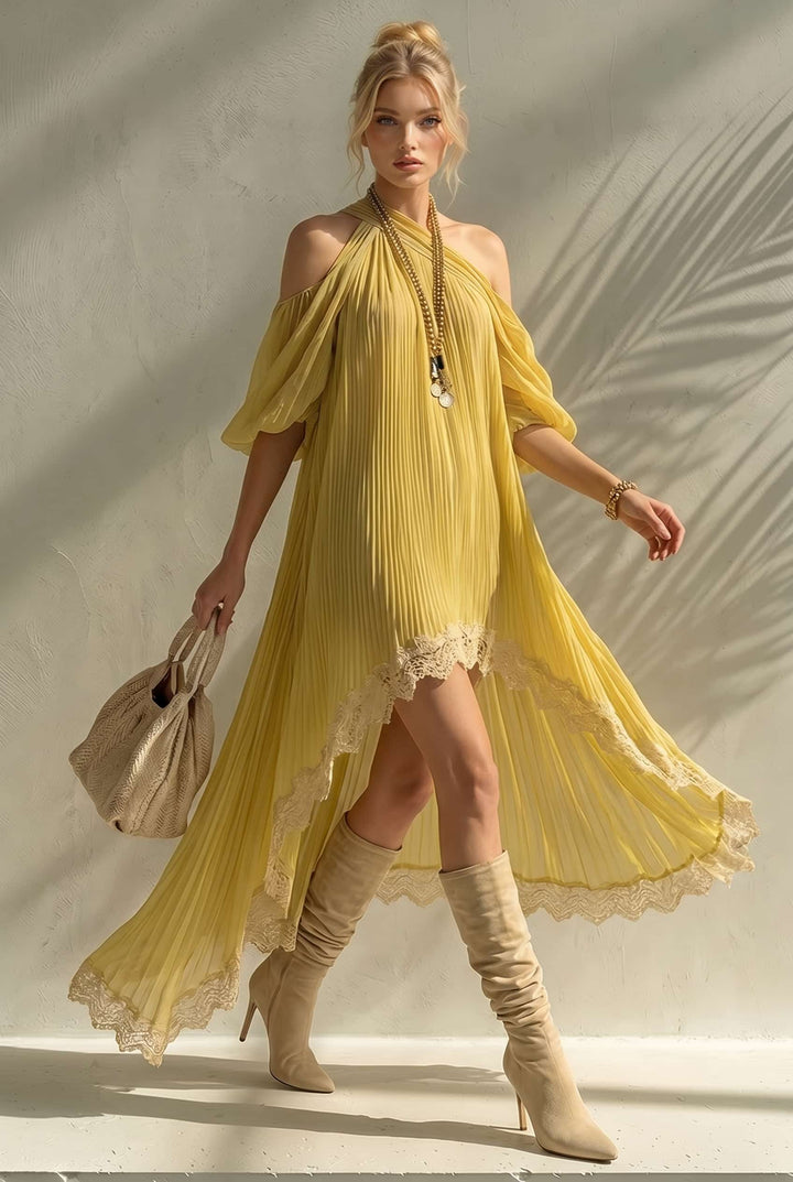 Slant-Shoulder Asymmetrical Hem Midi Dress