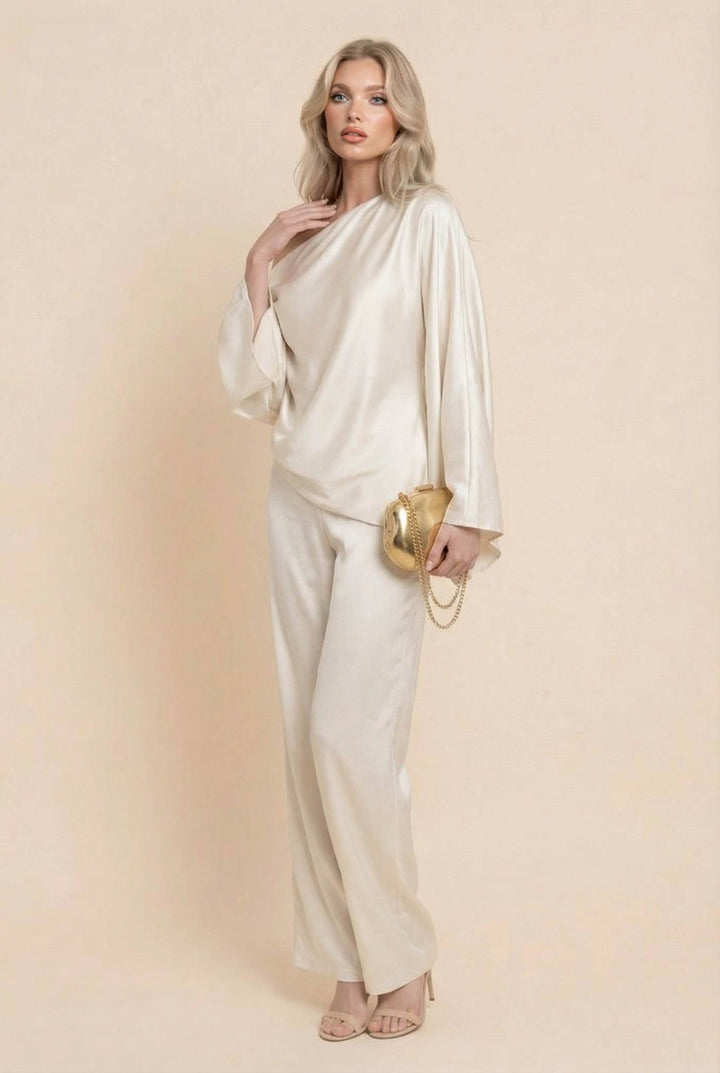 Off-Shoulder Asymmetric Shirt And Wide Leg Pants Set