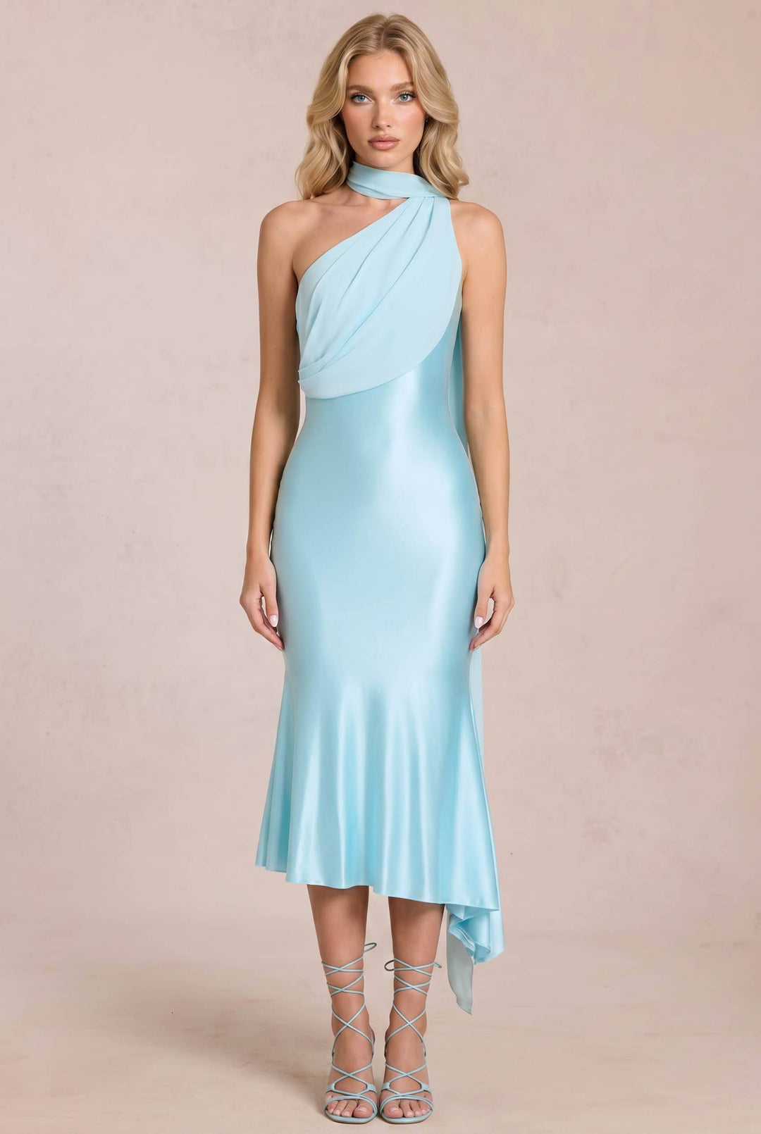 Oblique Collar Ribbon Midi Dress