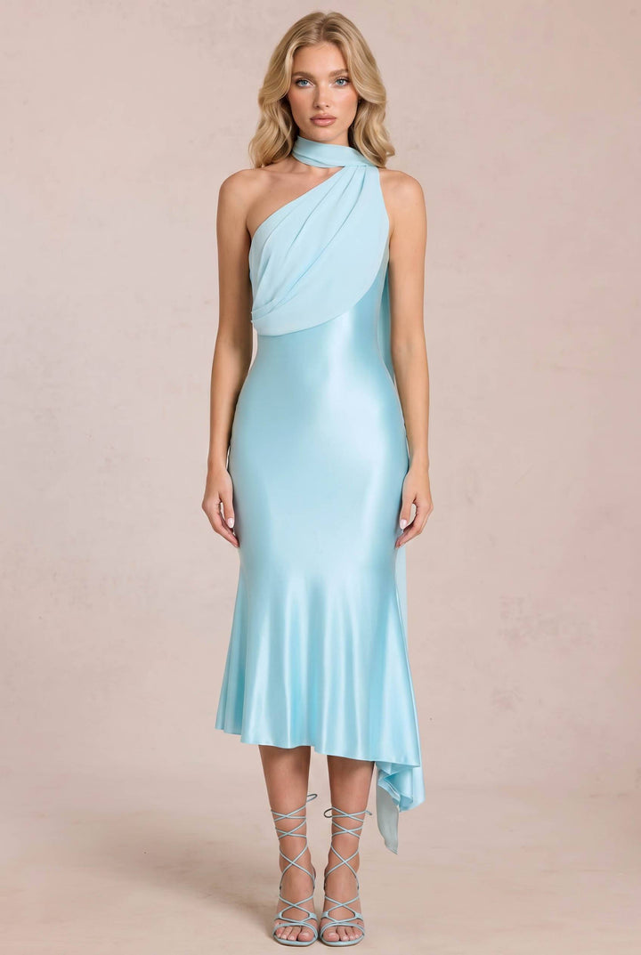 Oblique Collar Ribbon Midi Dress