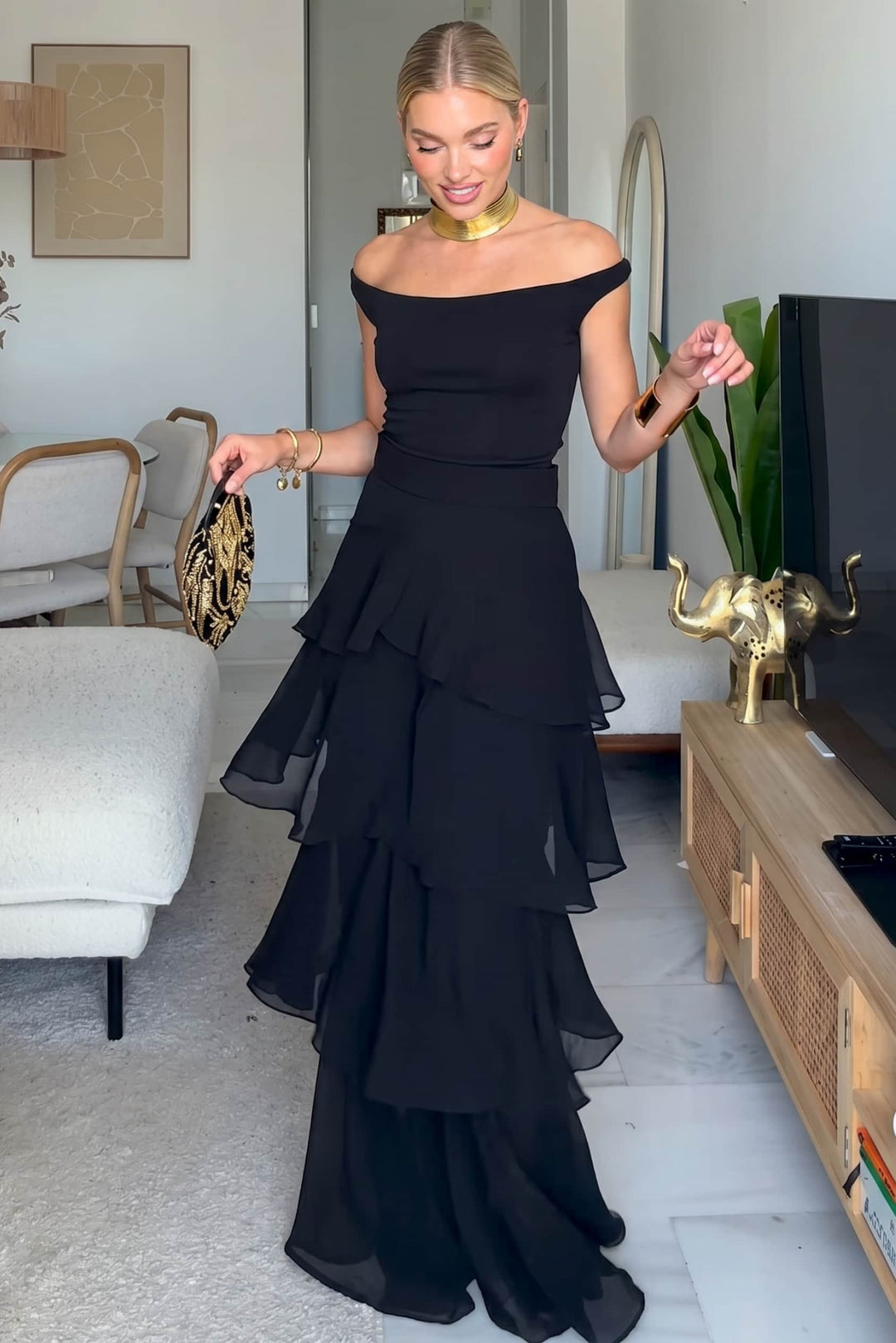 Off-shoulder Top And Ruffled Pants Suit