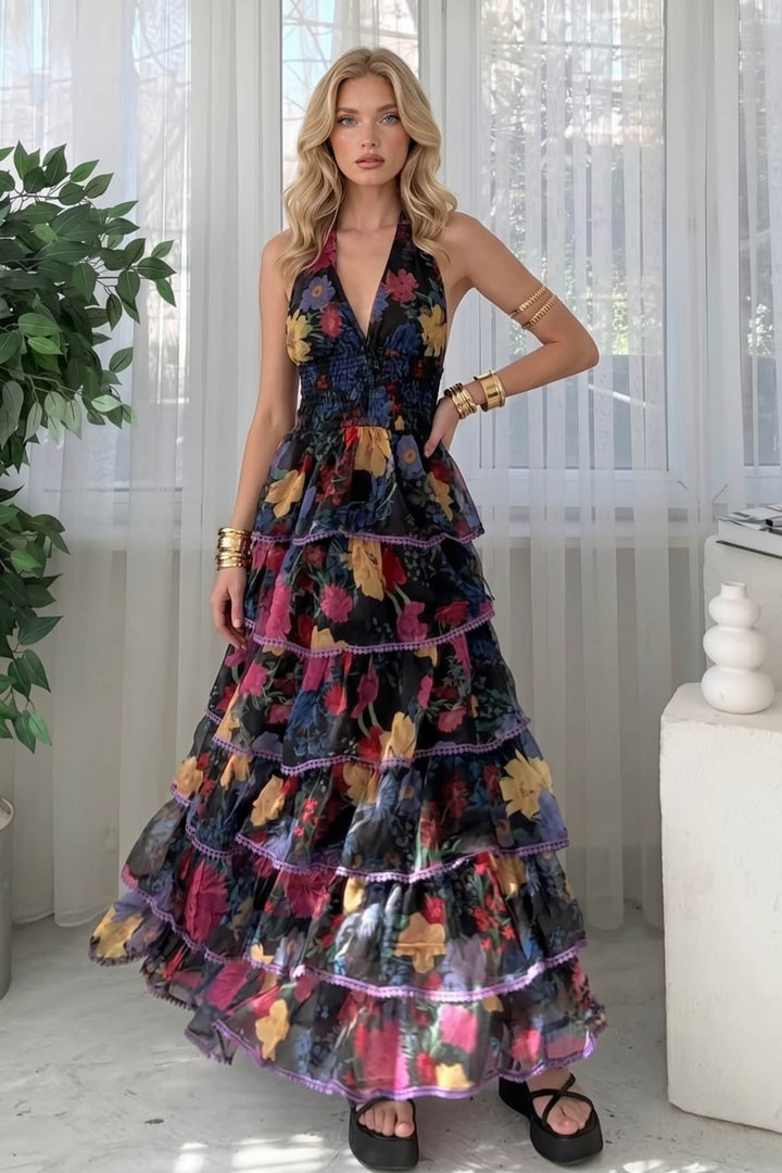 V-Neck Printed Ruffled Dress