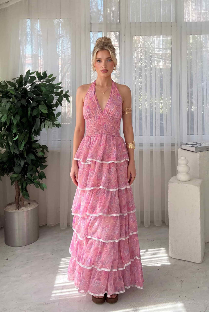 V-Neck Printed Ruffled Dress
