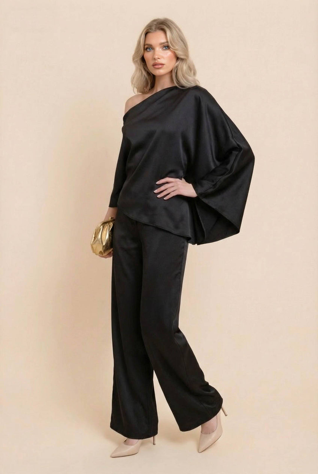 Off-Shoulder Asymmetric Shirt And Wide Leg Pants Set