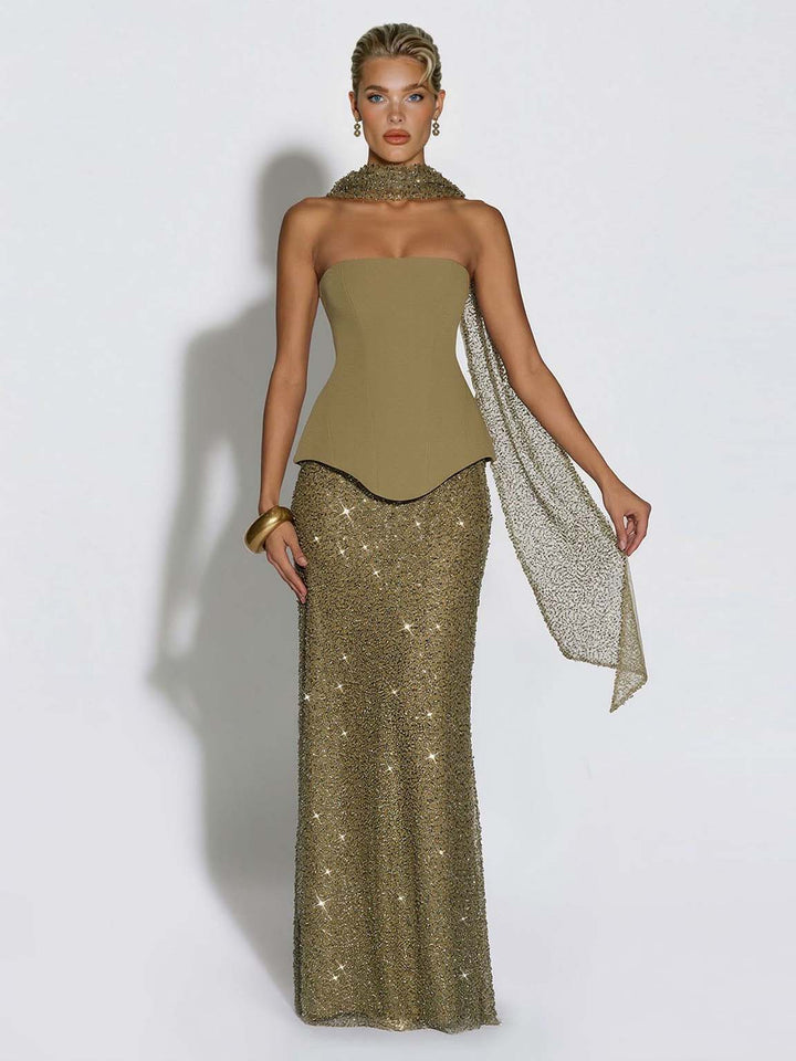 Elegant Strapless Sequin Skirt And Shawl Two-Piece Set
