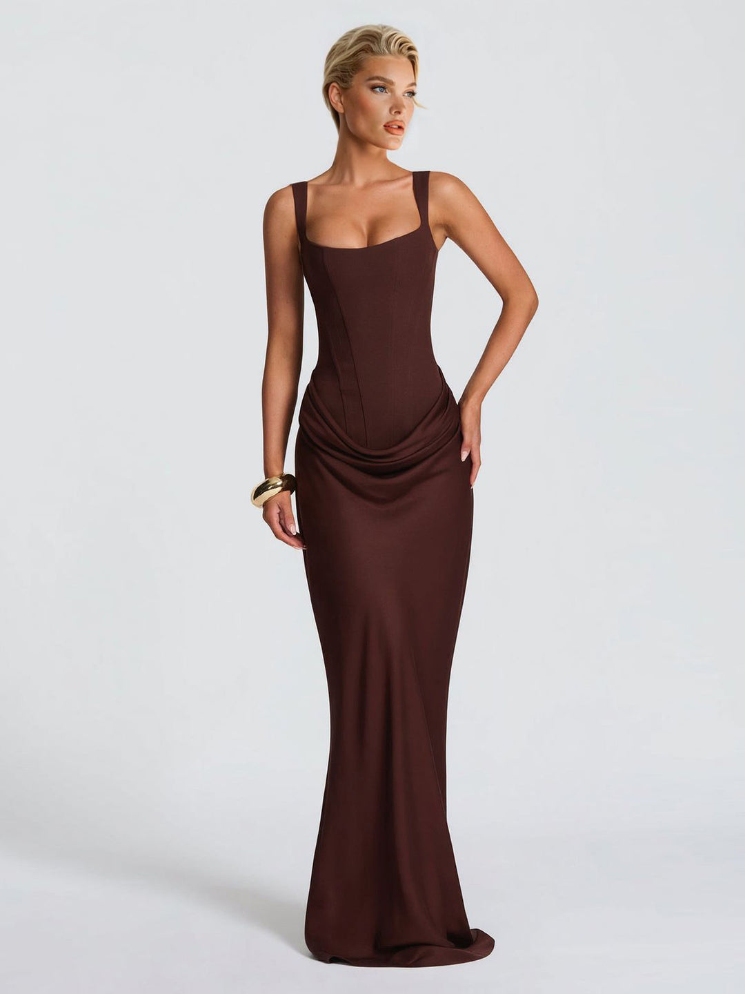 Elegant Square Neck Cinched Top & Ruched Waist Draped Maxi Dress