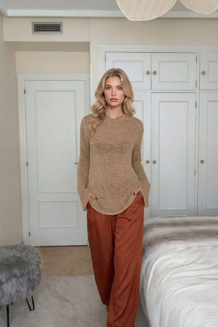 Knit Top Drawstring Wide Leg Pants Set
