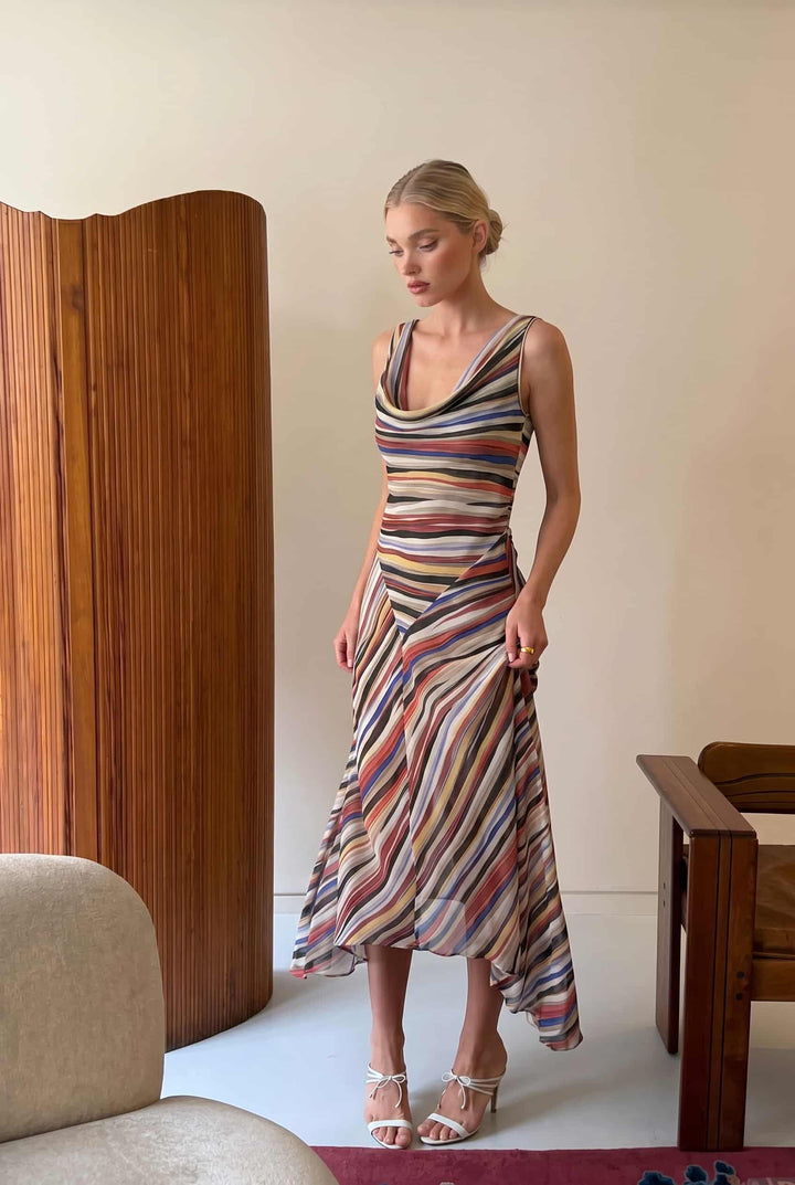Swing Collar Striped Maxi Dress