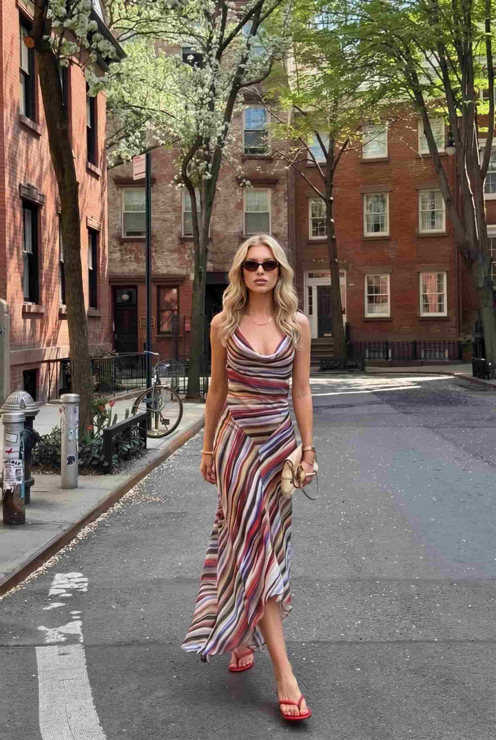 Swing Collar Striped Maxi Dress