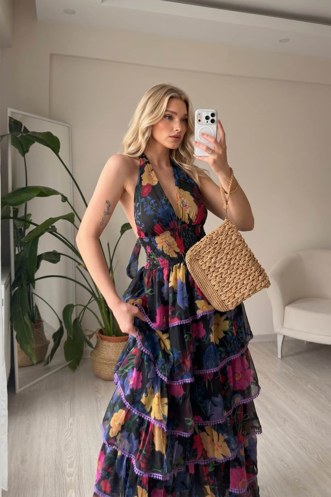 V-Neck Printed Ruffled Dress
