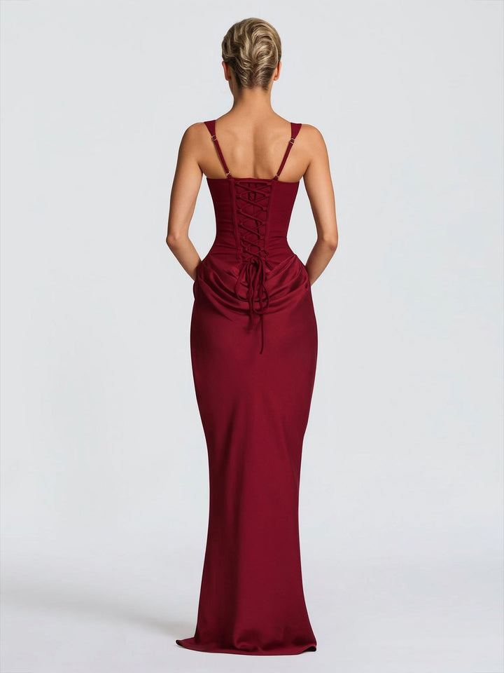 Elegant Square Neck Cinched Top & Ruched Waist Draped Maxi Dress