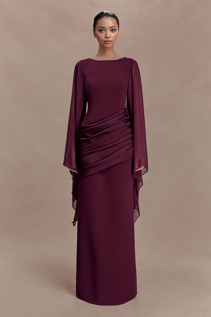 Pleated  Design Long Sleeve Maxi Dress